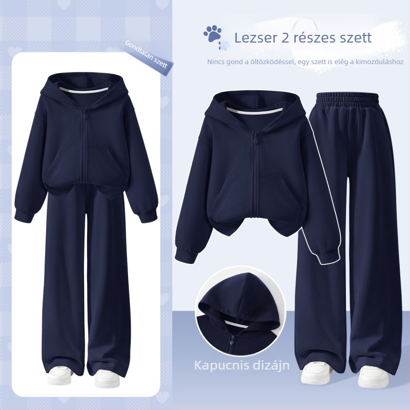 Lányoknak szóló kardigán-sweatshirt készlet kapucnis dzseki és széles lábú nadrággal, 2026 tavasz