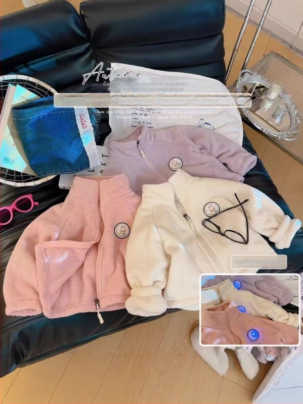 Világító gyerek plüss meleg kabát cipzárral, koreai stílusú, vastag fleece bélés