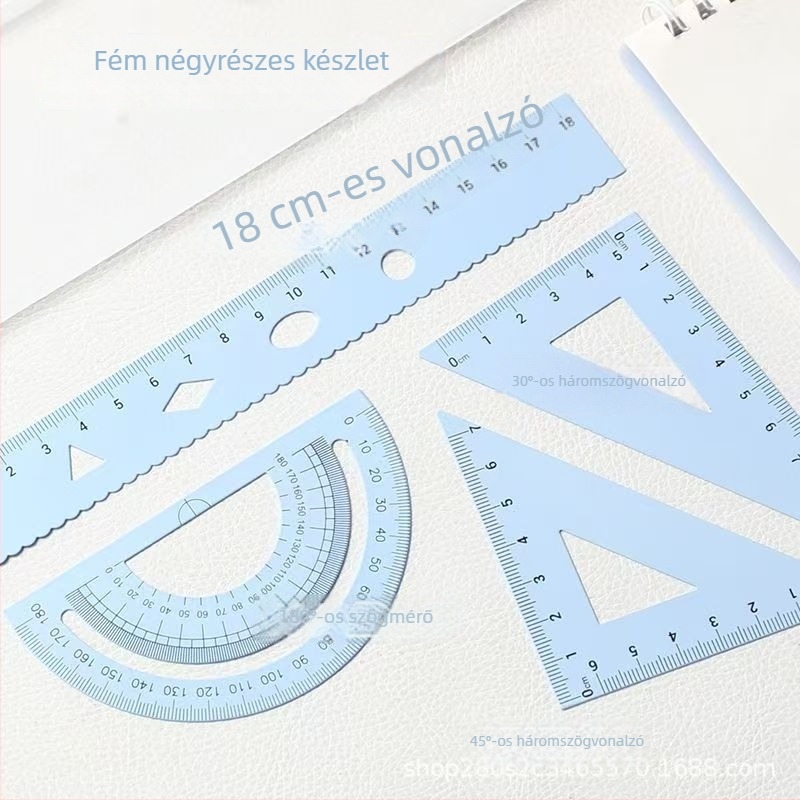 20 cm-es magas széntartalmú acél vonalzó készlet: háromszögvonalzó, szögmérő – négy darabos fém készlet