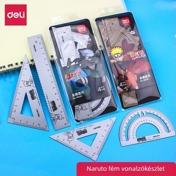 Deli Naruto fém vonalzó rajz négy darabos készlet: vonalzó, háromszög, szögmérő, diákoknak