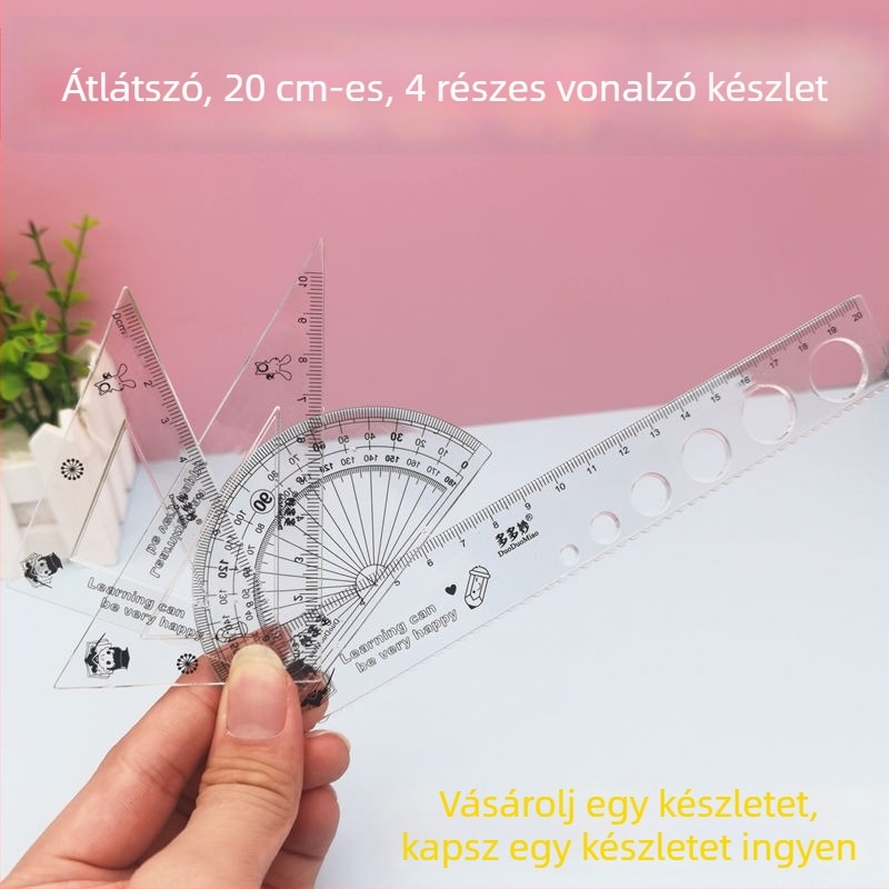 20 cm átlátszó négy darabos vonalzó készlet általános iskolai használatra, tartalmaz egy egyenes vonalzót, egy háromszögvonalzót és egy szögmérőt