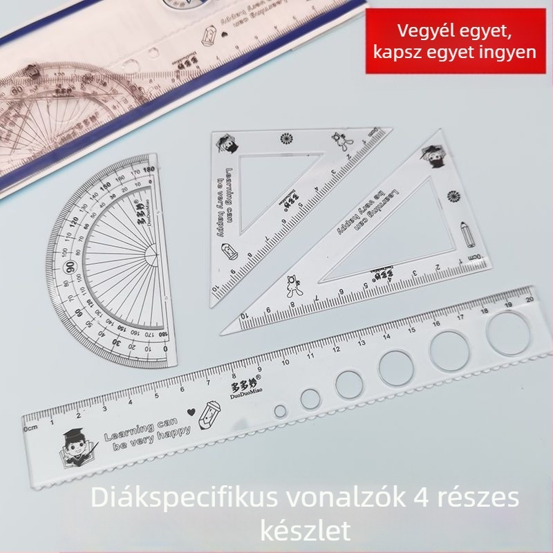 20 cm átlátszó négy darabos vonalzó készlet általános iskolai használatra, tartalmaz egy egyenes vonalzót, egy háromszögvonalzót és egy szögmérőt