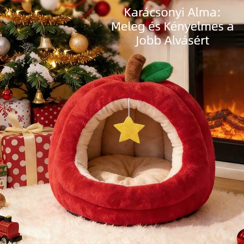 Almát formázó macskaágy, vastag plüss, meleg, félig zárt kialakítású