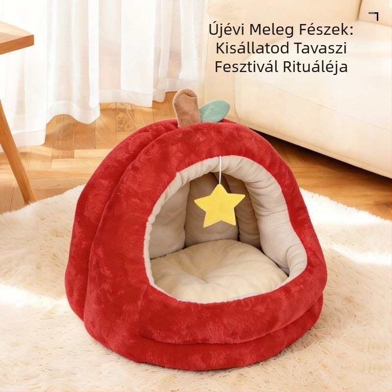 Almát formázó macskaágy, vastag plüss, meleg, félig zárt kialakítású