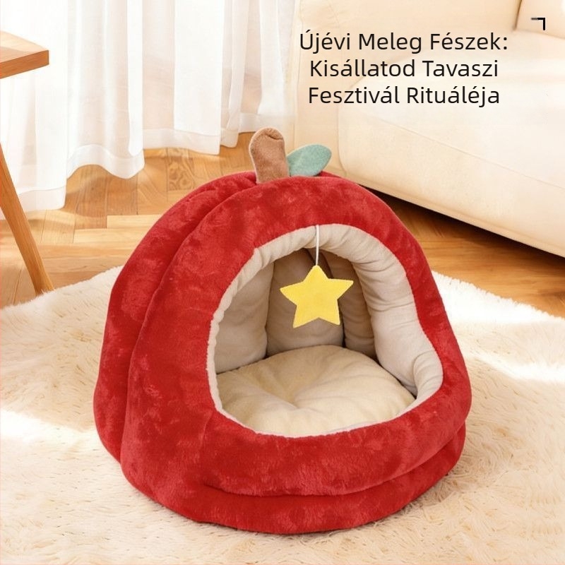 Almát formázó macskaágy, vastag plüss, meleg, félig zárt kialakítású