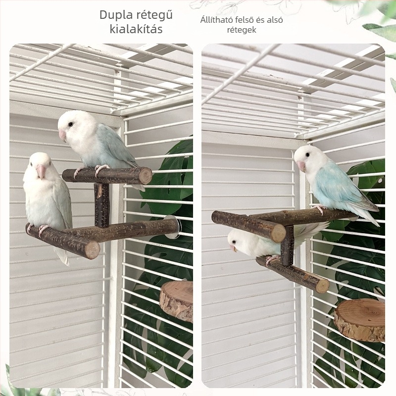 Fából készült papagáj állvány csőr- és körömápolóval, madárketrec létra