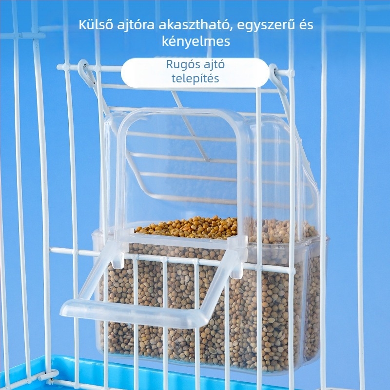 Peónia színű papagáj etetődoboz, függő ketreces kiegészítővel és átlátszó etetőcsészével