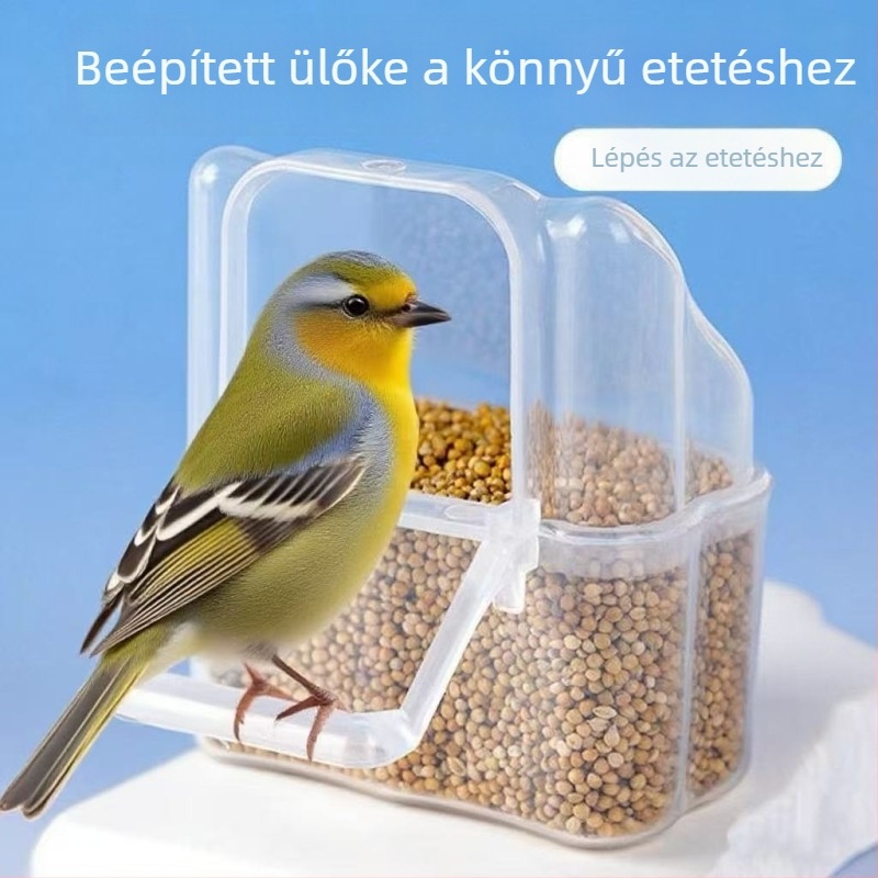 Peónia színű papagáj etetődoboz, függő ketreces kiegészítővel és átlátszó etetőcsészével