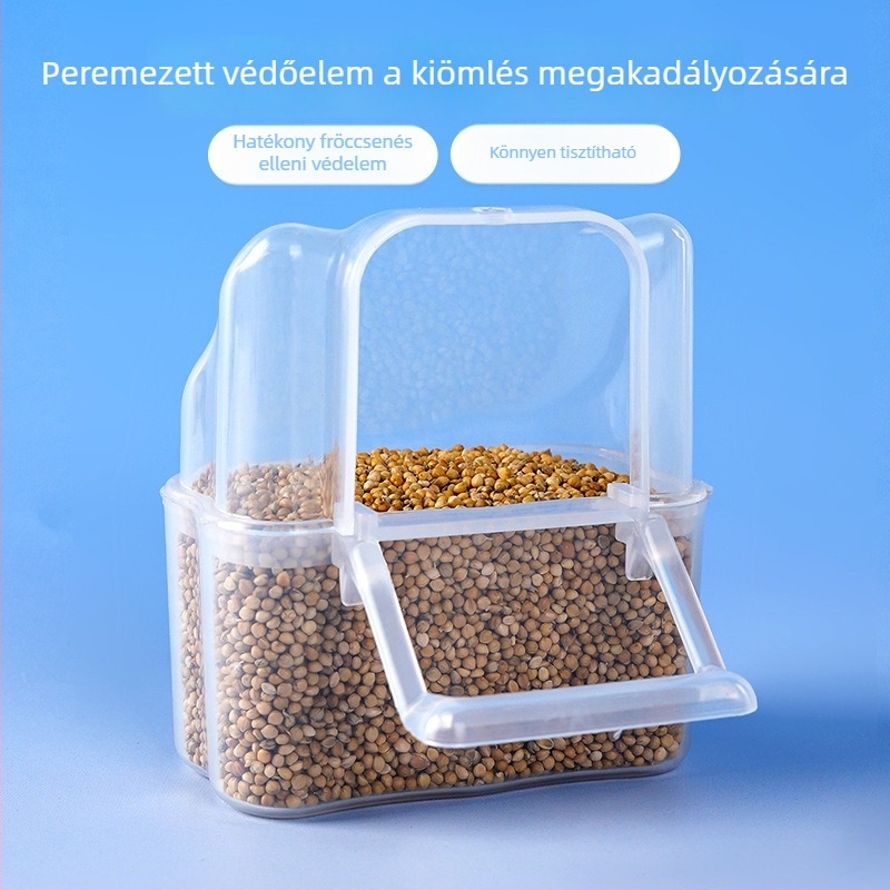 Peónia színű papagáj etetődoboz, függő ketreces kiegészítővel és átlátszó etetőcsészével