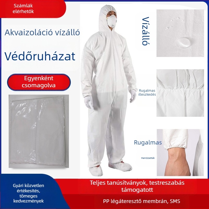 Egyedi, egyszer használatos védőoverál élelmiszer-feldolgozó üzemhez és állattenyésztéshez – vízálló, porálló és olajálló, fehér, egy részes kivitel
