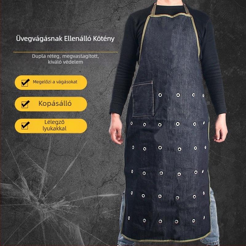 Dupla denim védőkötény vastag acéllemez-barrierrel, karcolás elleni védelem üveggyárban, uniszex munkavédelmi ruházat