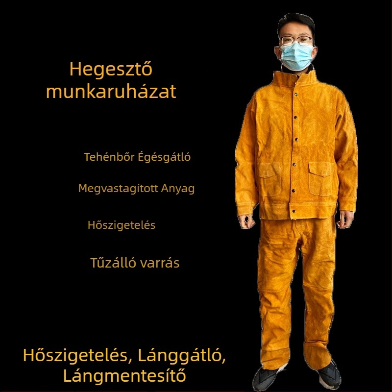 Sárga szarvasmarhabőrből készült hegesztő overál szett hőszigeteléssel és fröccsenés elleni védelemmel