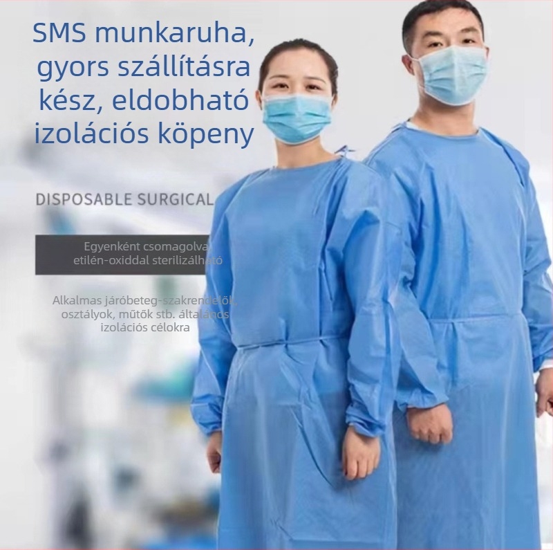 Kék SMS izolációs köpeny kötött mandzsetákkal, egyszer használatos védőruha nemszövött anyagból, porvédő munkaruházat