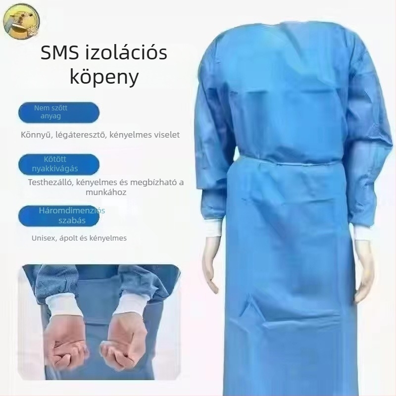 Kék SMS izolációs köpeny kötött mandzsetákkal, egyszer használatos védőruha nemszövött anyagból, porvédő munkaruházat