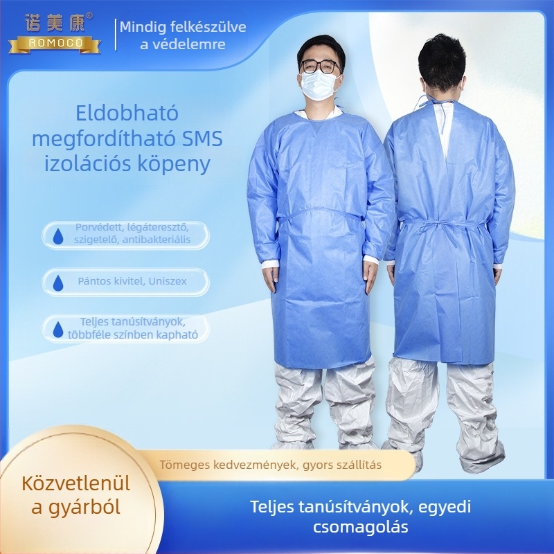 Egyszer használatos izolációs köpeny SMS anyagból, ultrahangos hőzárással, légáteresztő védőruha
