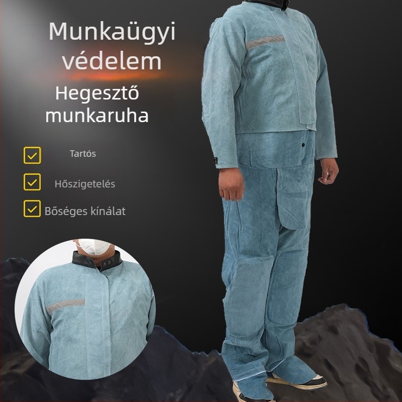 Két részes tehénbőr védőruha hegesztőruha, lángálló, megerősített térdekkel acélművekhez