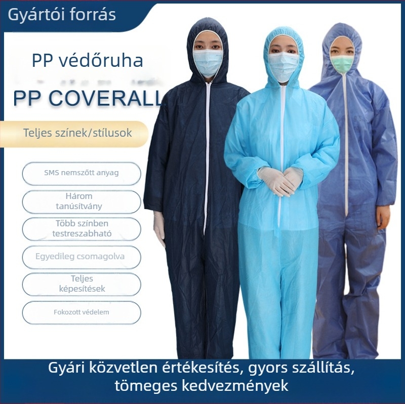 Egyszer használatos kapucnis PP nem szőtt védőruha, vízálló és lélegző