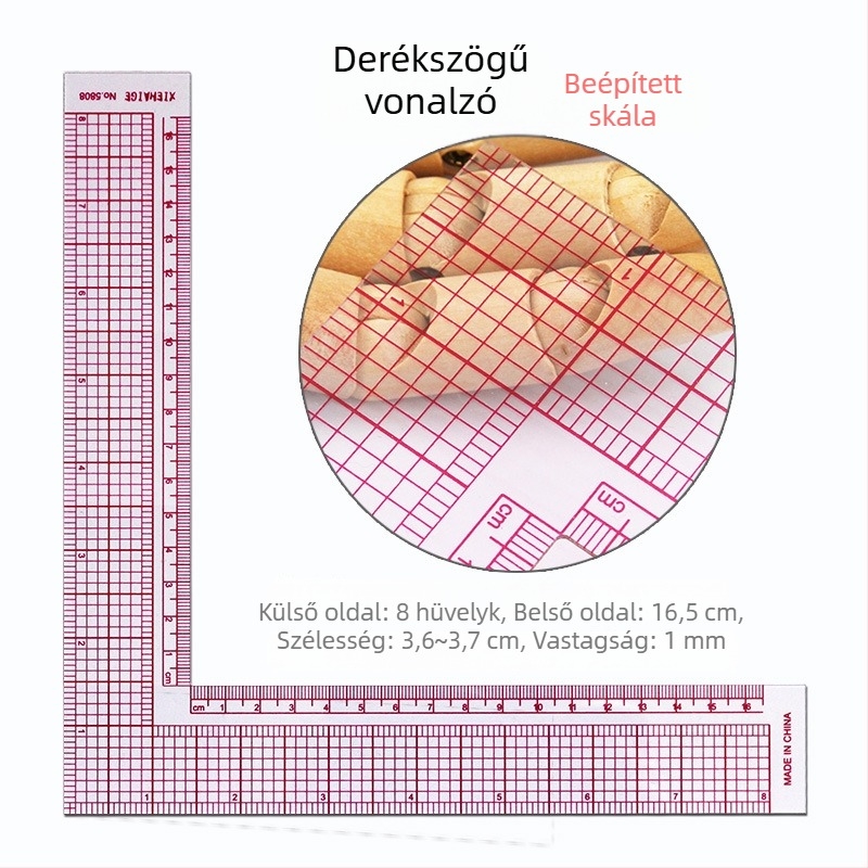 L alakú ruházati mérőszalag belső skálával, derékszögű és szögmérő funkcióval; belső 16 cm, külső 8 hüvelyk