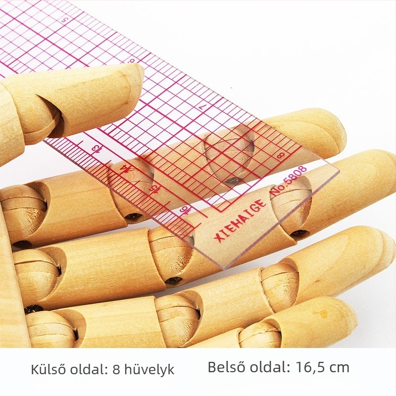L alakú ruházati mérőszalag belső skálával, derékszögű és szögmérő funkcióval; belső 16 cm, külső 8 hüvelyk