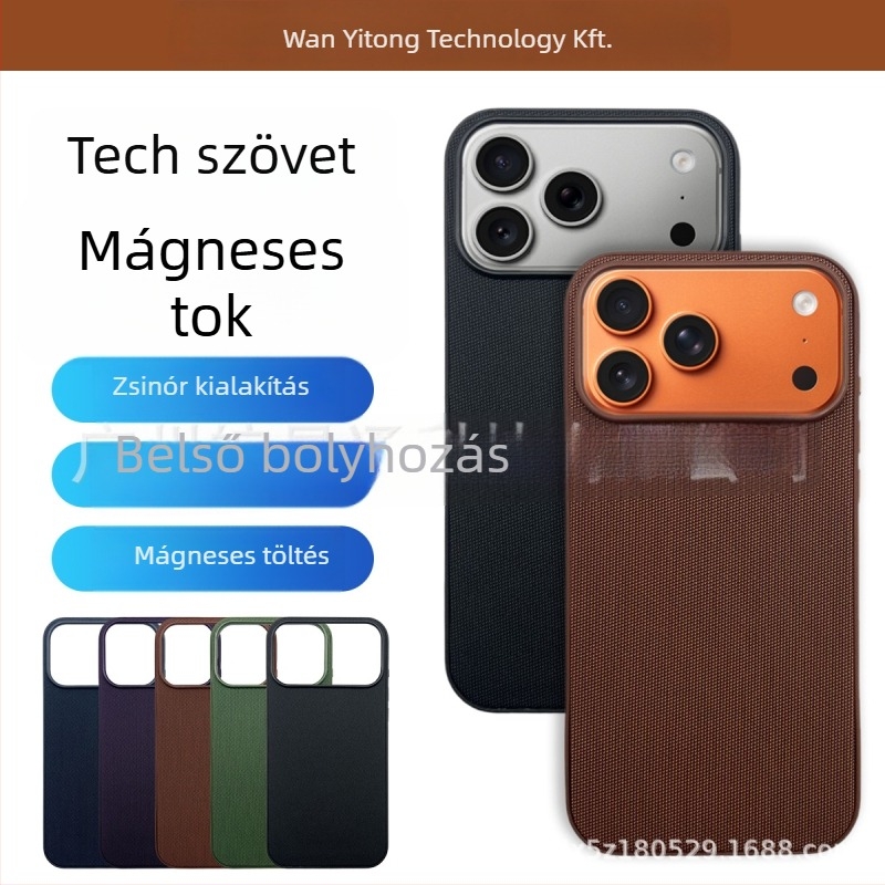 iPhone 17 Pro Max texturált két-az-egyben tok, AI kameragombbal és erős mágneses vonzással, PU bőr, kézzel kötött részlettel