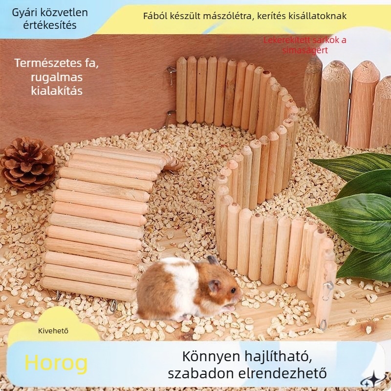 Fából készült ívelt híd hörcsögöknek, kapaszkodó létrával, kerítéssel és dekoratív panelekkel