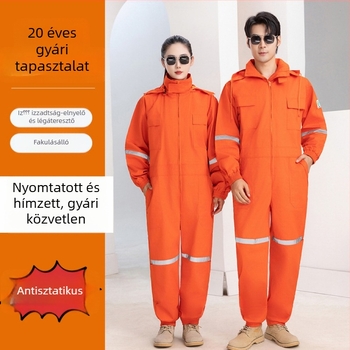 Kapucnis antistatikus overál, reflexiós csíkokkal, tartós, hosszú ujjú munkaruha elektromos karbantartáshoz és vegyiparban.