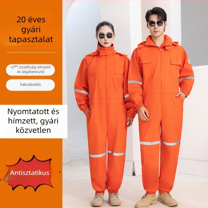 Kapucnis antistatikus overál, reflexiós csíkokkal, tartós, hosszú ujjú munkaruha elektromos karbantartáshoz és vegyiparban.