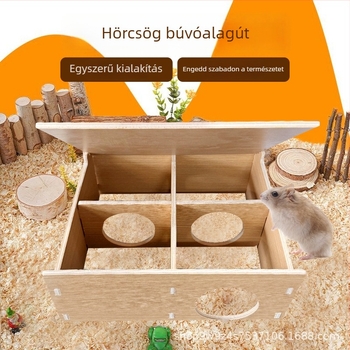 Fából készült hörcsög ház platformos búvóhellyel és alvófészekkel, vízálló és harapásálló, összeszerelhető kis villa