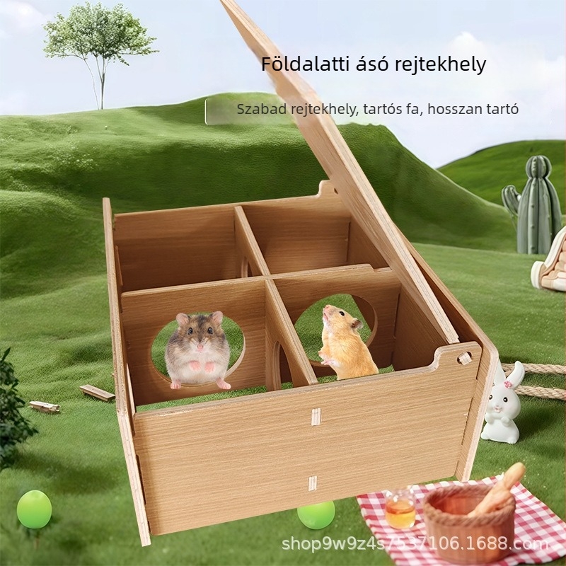 Fából készült hörcsög ház platformos búvóhellyel és alvófészekkel, vízálló és harapásálló, összeszerelhető kis villa