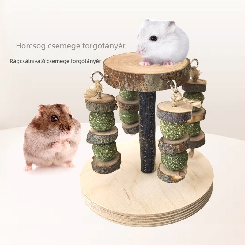 Hamster harapófogó játék szett: almafa ágakból készült részek és fűgolyók szálon, jutalomfalat-tartó és élőhely dekoráció