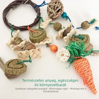 Természetes anyagokból készült hörcsög játék készlet: almás ág, fonott kör, fű torta, fű golyó, kukoricaszár, luffa harapásra