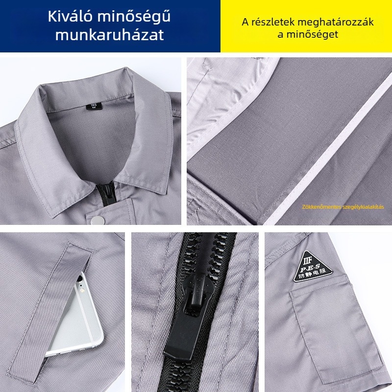 Antistatikus nyári, vékony rövid ujjú munkaruha gyárak számára, uniszex hímzett