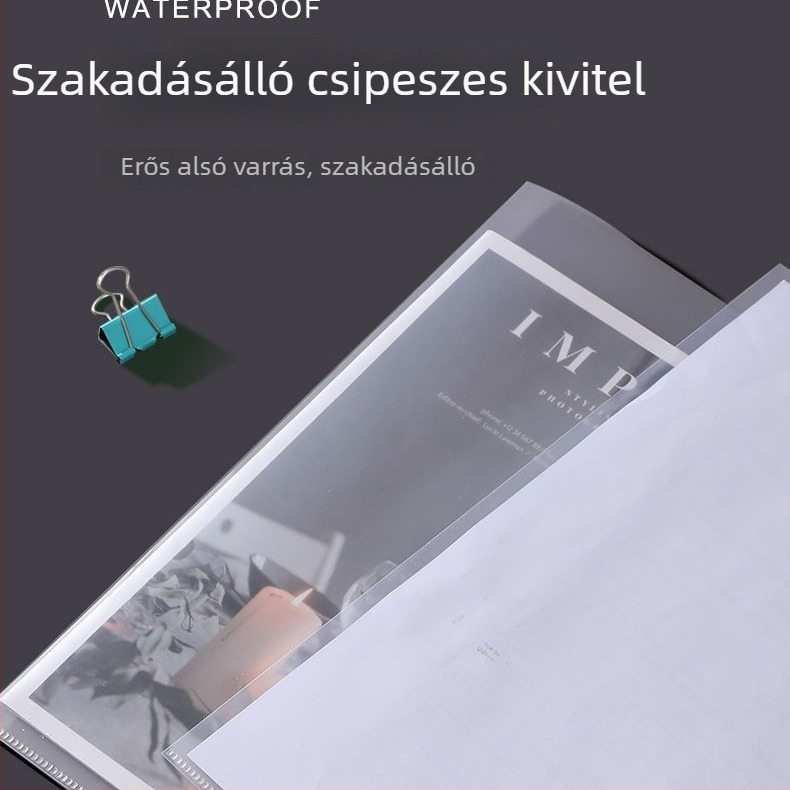 L alakú A4-es irattartó kétoldalas klippel, egy darabból készült extrán vastag klip, E310 átlátszó beillesztés egy oldalhoz védőfóliával és nyomtatott logóval