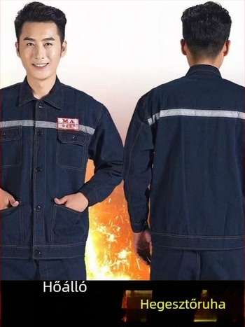Négy évszakos hosszú ujjú denim munkaruha készlet, megerősített és kopásálló, fényvisszaverő csíkokkal, mechanikus munkákhoz és hegesztéshez.