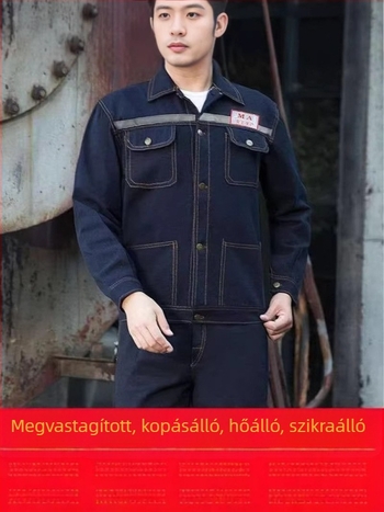 Négy évszakos hosszú ujjú denim munkaruha készlet, megerősített és kopásálló, fényvisszaverő csíkokkal, mechanikus munkákhoz és hegesztéshez.