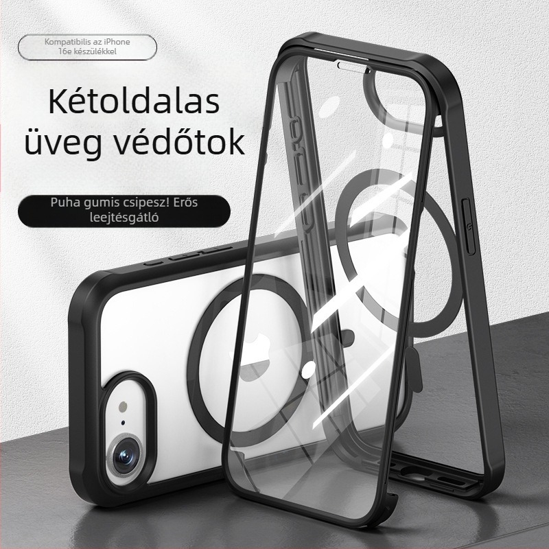 iPhone 16E mágneses, kétoldalas üvegtok, ütésálló védelem