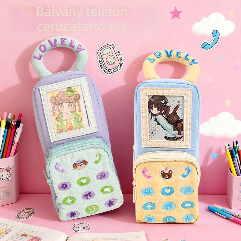 Anime témájú telefonpenál, nagy kapacitású, függőleges vászon hímzéssel, aranyos diákoknak szánt írószerek tárolója