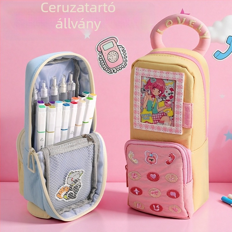 Anime témájú telefonpenál, nagy kapacitású, függőleges vászon hímzéssel, aranyos diákoknak szánt írószerek tárolója