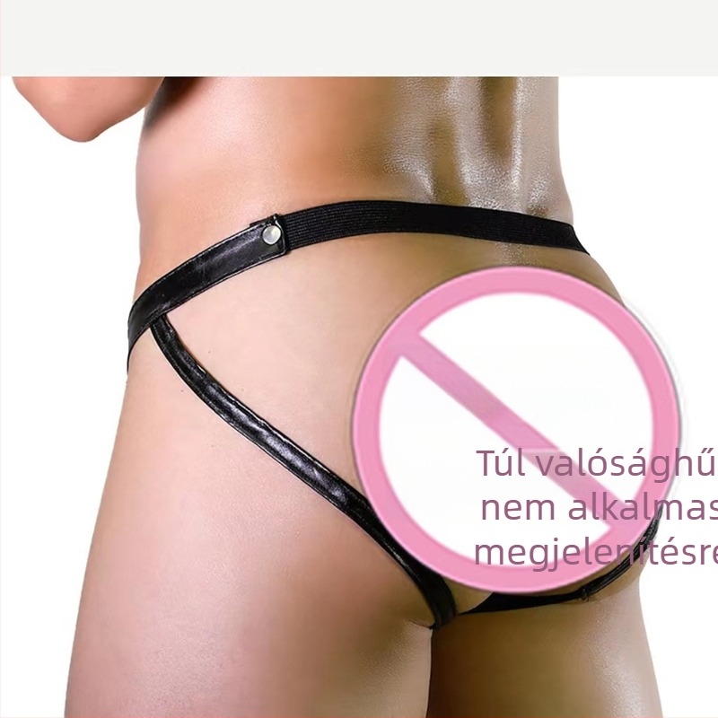 Férfiaknak szexi thong alsó – műbőr hatás, elülső nyitott kialakítás, cipzár, vékony zsinór, modell G413