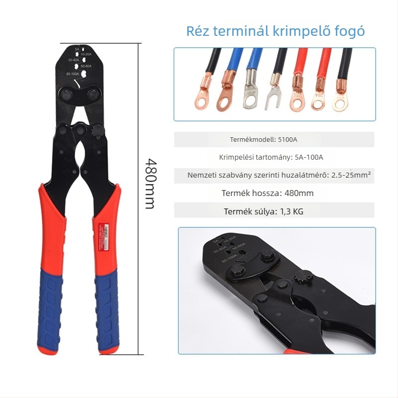 U-típusú réz terminál krimpelő fogó, nyitott állkapocs, hideg préselés, kézi huzal-krimpelő eszköz, 5-500A