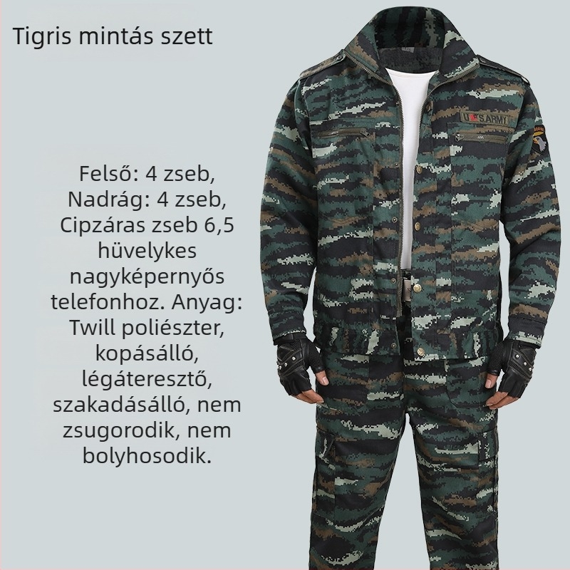 Kamufláž kiképző együttes, uniszex, nyári zöld, kopásálló felső a kültéri munkához