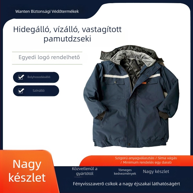 Téli vastag pamut kabát fényvisszaverő csíkokkal, munkaruházat műhelyekhez és gépészeti/autójavítási feladatokra