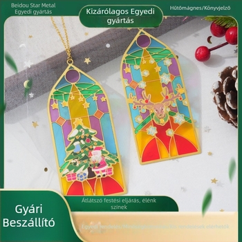 Áttetsző fém könyvjelző gravírozással és kivágott mintával, fény–árnyék dizájn, fém hűtőmágnes, Halloween és Karácsony emléktárgy