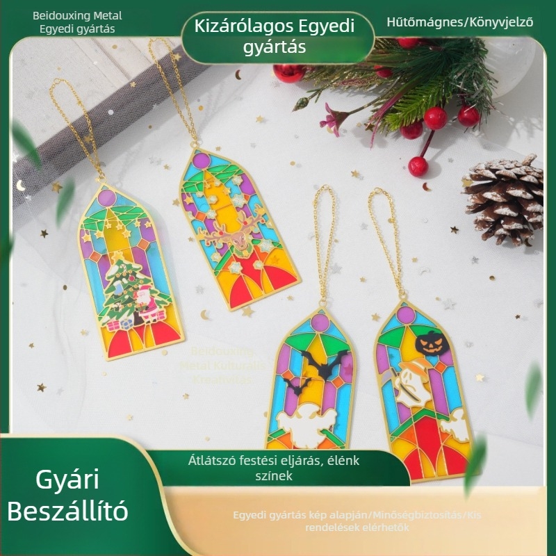 Áttetsző fém könyvjelző gravírozással és kivágott mintával, fény–árnyék dizájn, fém hűtőmágnes, Halloween és Karácsony emléktárgy