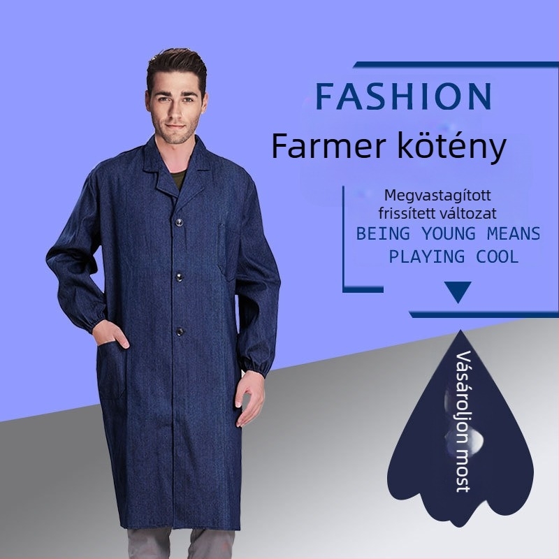 Pamutból készült vastag overál porvédett munkaruha, denim műhelyköntös logóval
