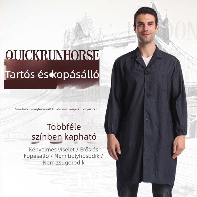 Pamutból készült vastag overál porvédett munkaruha, denim műhelyköntös logóval