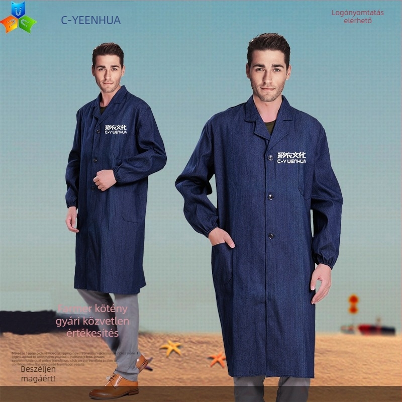 Pamutból készült vastag overál porvédett munkaruha, denim műhelyköntös logóval