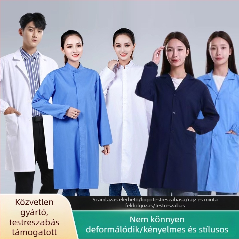 Fehér laborköpeny élelmiszeripari üzemhez, uniszex, hosszú ujjú porálló munkaruházat a gyártási műhelybe