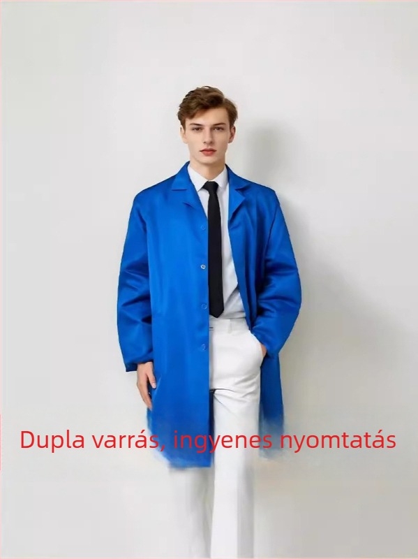 Hosszú, vastagított védőmunkaruha, kék porálló kabát logóval