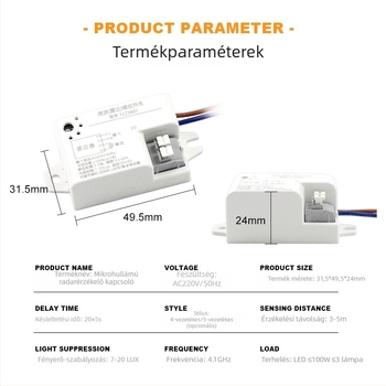 Mikrohullámú mozgásérzékelő 220V, 100W, radaros és fényérzékelős, intelligens otthoni világításhoz
